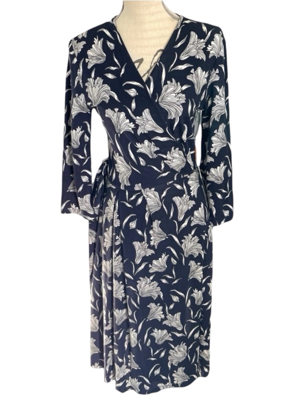 Weekend Max Mara Navy/White Floral Design 3/4 Sleeve Wrap Midi Dress (8)